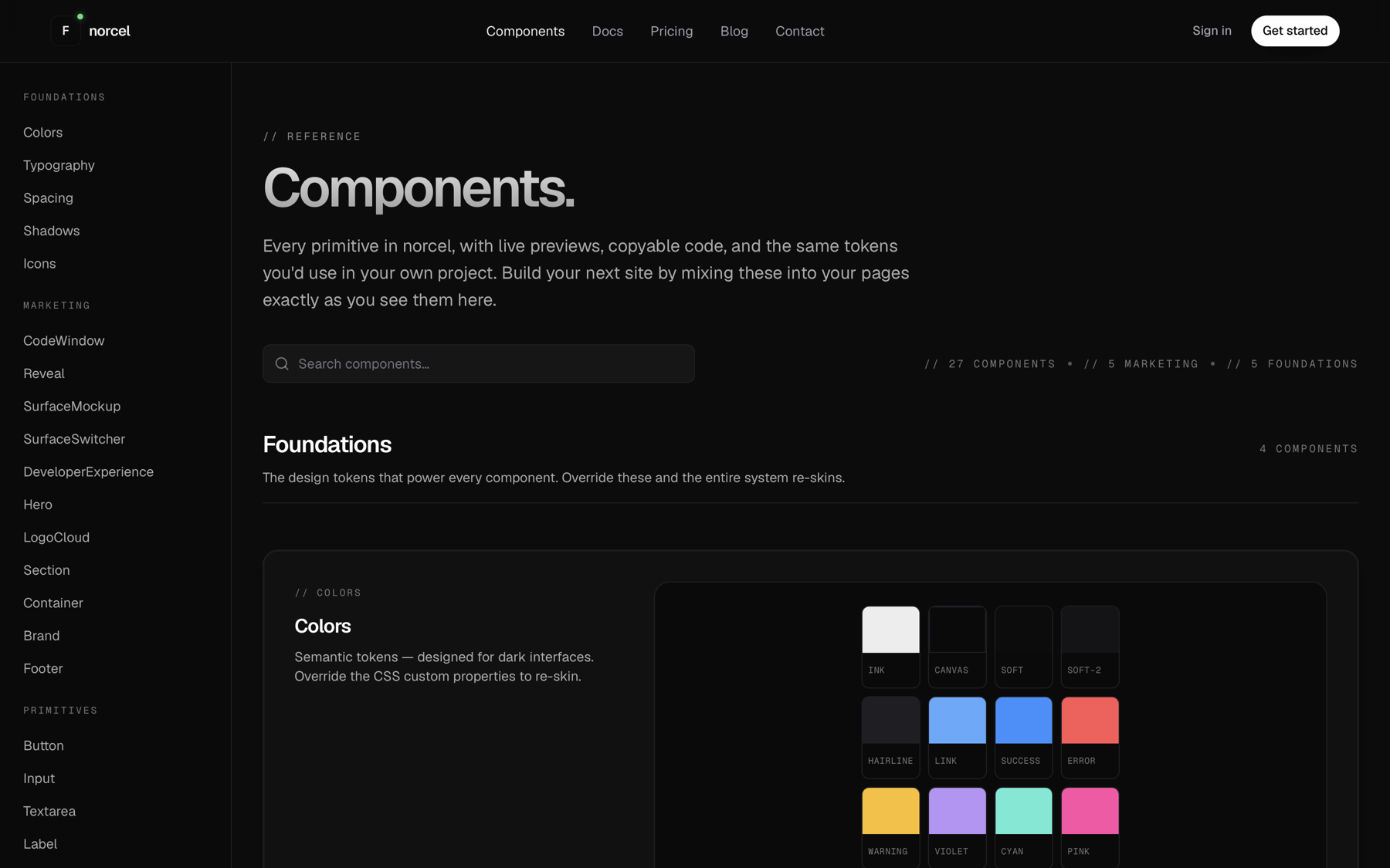 Norcel UI Kit components reference — color tokens, primitives, and marketing sections